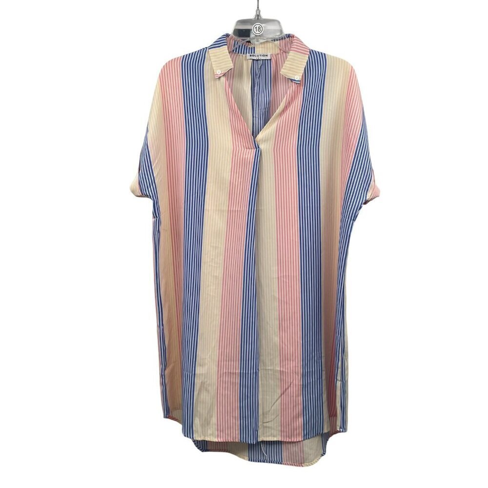 SOLUTION Womens Striped Mini Shirt Dress Short Sleeve Size Large